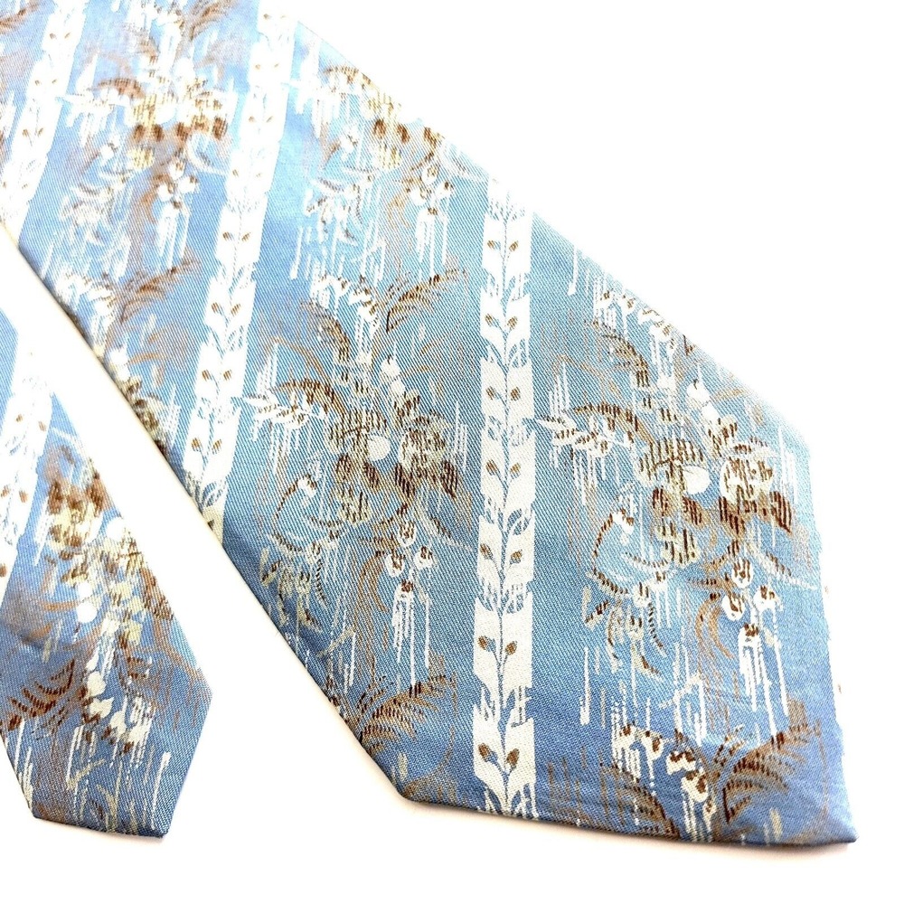 Courchevel Blue Tan Floral Striped Print Wide Silk Tie